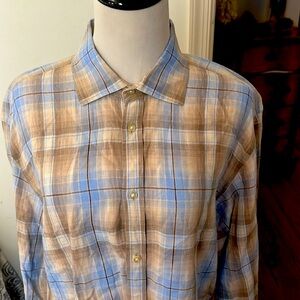 Saks fifth Avenue long sleeve shirt size XL. Plaid tan and blue. Long sleeve